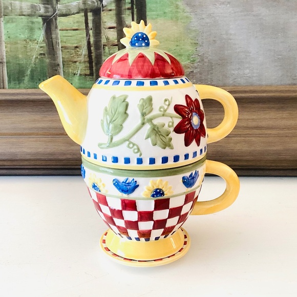 Vintage Hand Painted Tea-For-One 4 Ps Tea Pot Set County Cottage Floral Colorful